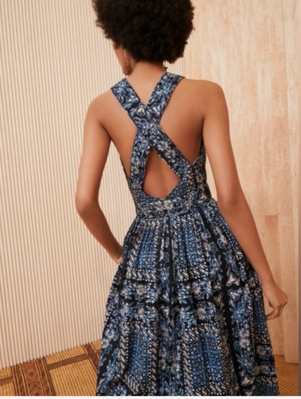 Ulla Johnson Kerani Cutout Back Navy and Cream Printed Midi Dress Size 12 - Picture 2 of 11